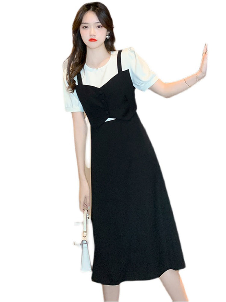 French Short Sleeve Dress Feminine Waist Design