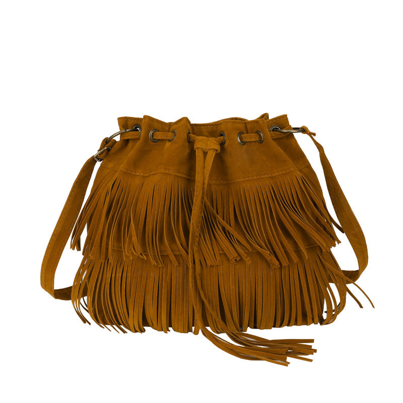 New European And American Simple Retro Tassel Drawstring Bucket Bag