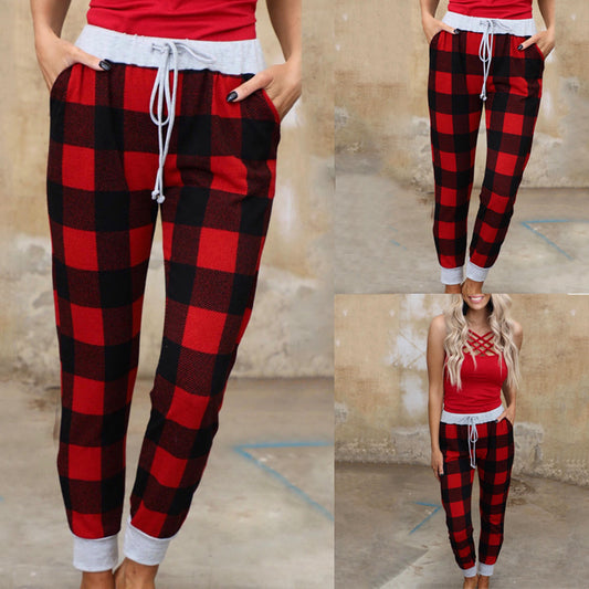 Christmas Print Plaid Lace Casual Pants Women
