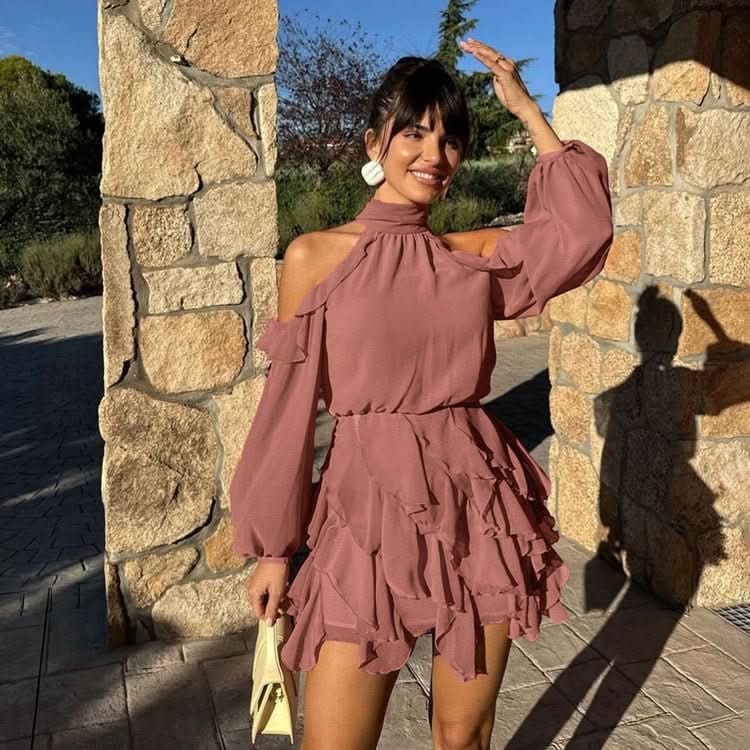 Elegant Chiffon Halterneck Off - shoulder Long - sleeve High - waisted A - line Dress - Eshtree