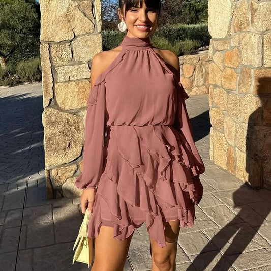 Elegant Chiffon Halterneck Off - shoulder Long - sleeve High - waisted A - line Dress - Eshtree