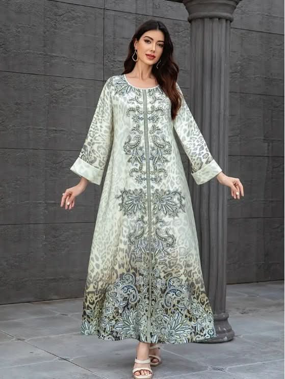 Elegant Floral Print Long Sleeve Abaya Dress - Eshtree