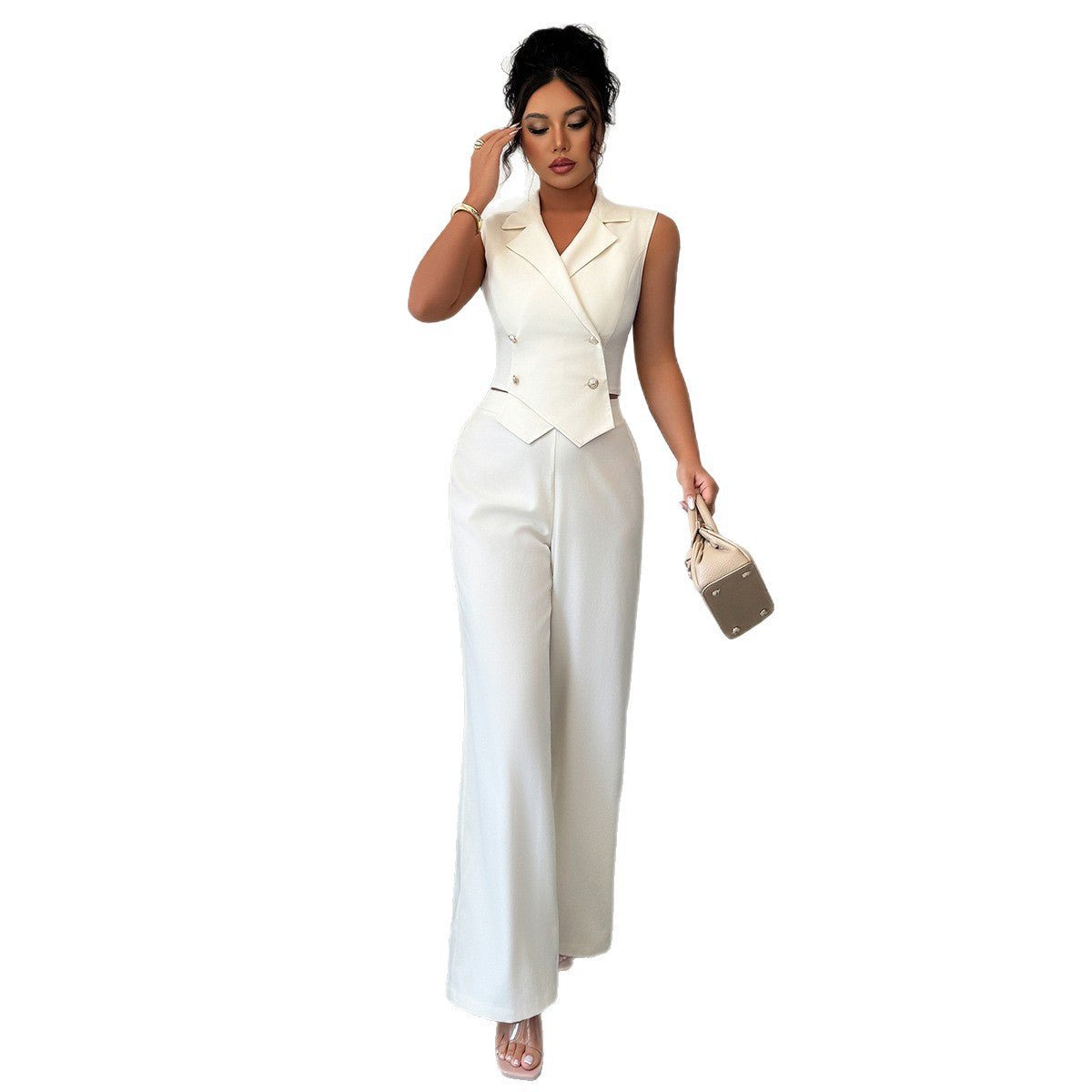 Elegant Waist - cinching Top Paired With A Flowy Wide - leg Pantsuit - Eshtree