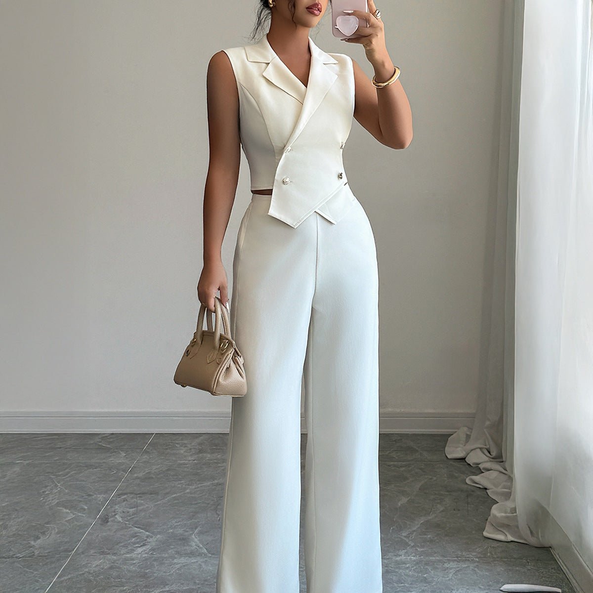 Elegant Waist - cinching Top Paired With A Flowy Wide - leg Pantsuit - Eshtree
