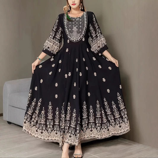 Ethnic Style Flower Printed Literary Retro Pine Casual Dress - Eshtree