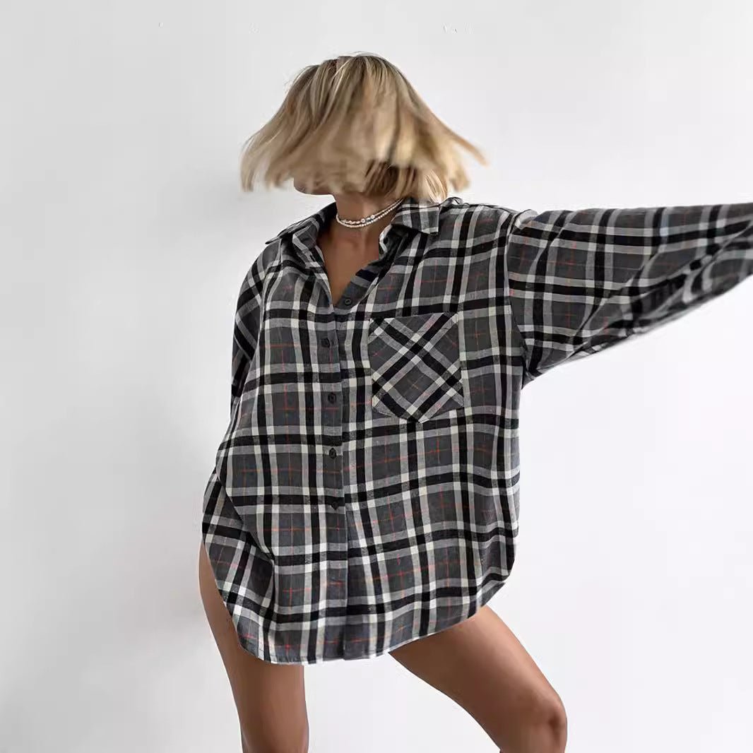 European And American - style Plaid Lapel Elegant Women's Blouse - Eshtree