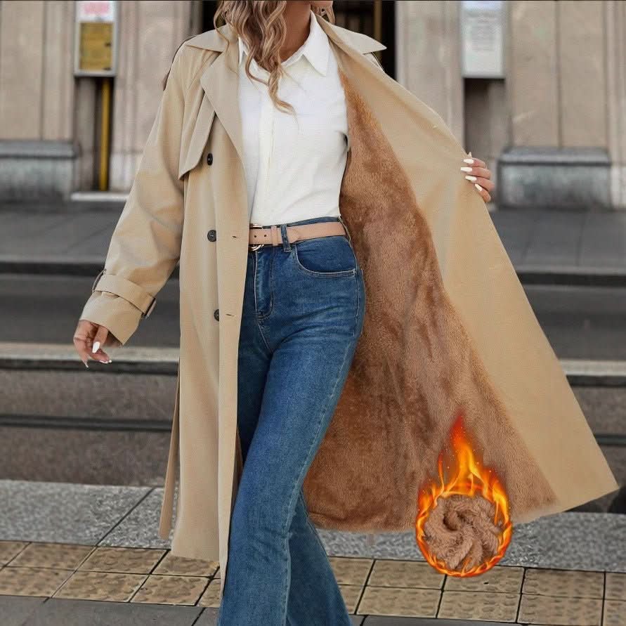 European And American Women's Clothing Double Breasted Belt Fleece Trench Coat Coat - Eshtree