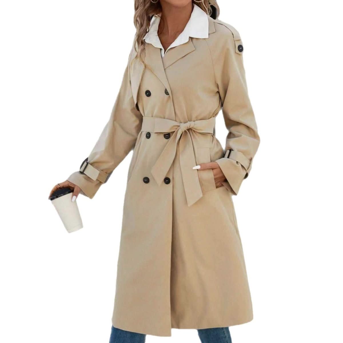European And American Women's Clothing Double Breasted Belt Fleece Trench Coat Coat - Eshtree
