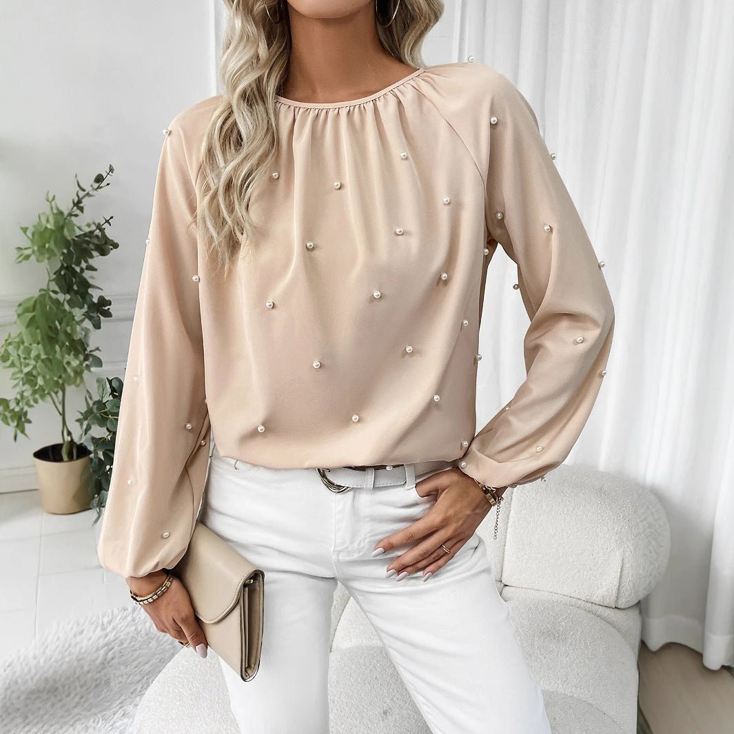 European And American Women's Round - neck Beaded Lantern Sleeve Shirt - Eshtree
