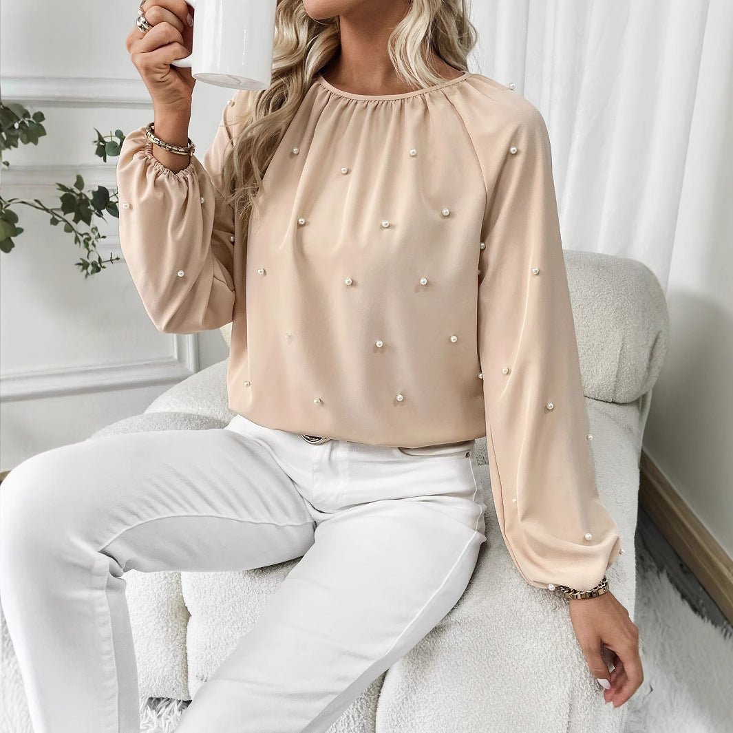 European And American Women's Round - neck Beaded Lantern Sleeve Shirt - Eshtree
