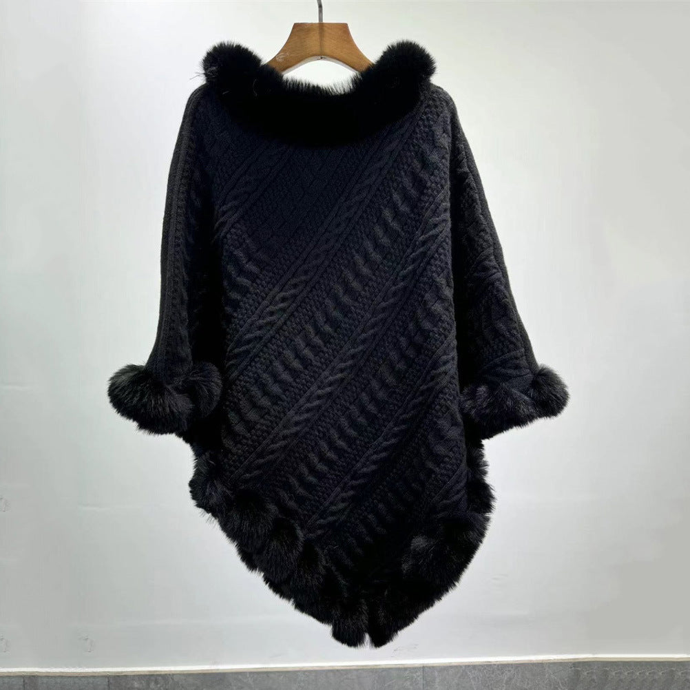 Fur Collar Oversized Knit Pullover Shawl Cloak
