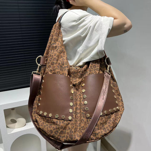 Women's Retro Leopard Print Bag Large Capacity Patchwork Handbag