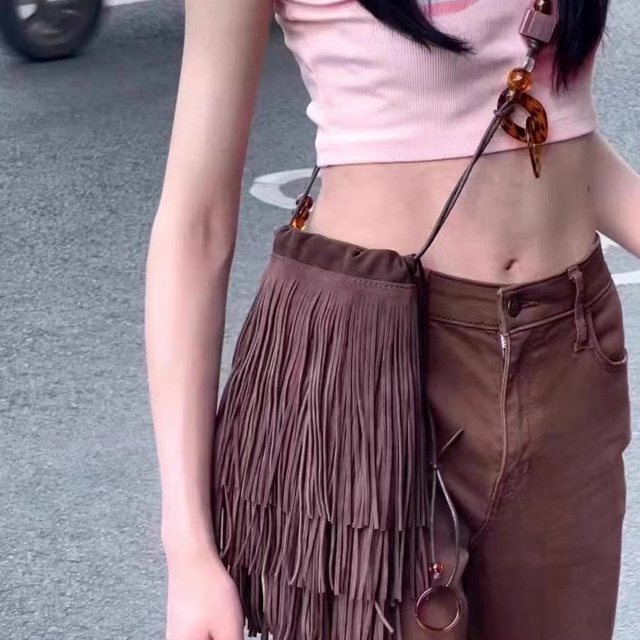 Drawstring Beaded Tassel Deerskin Velvet Crossbody Bag