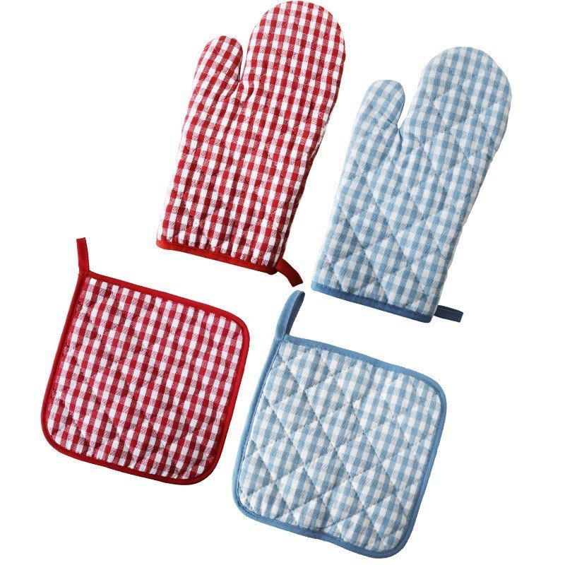 قفازات خبز قطنية مصبوغة بخيوط ملونة بنقشة مربعات، تحمي من الحروق