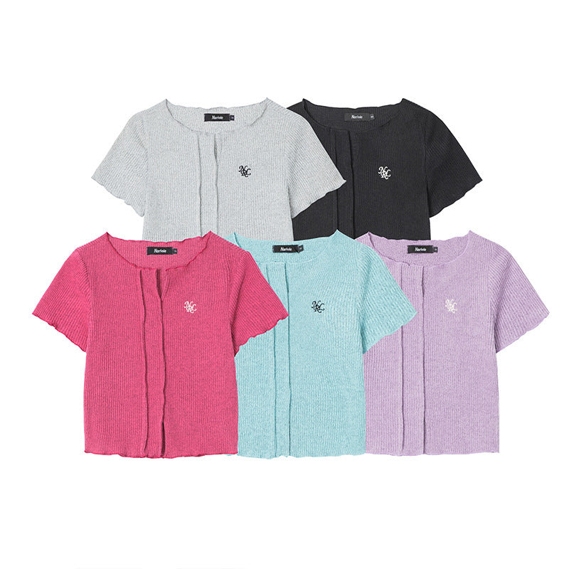 V-neck Hot Girl T-shirt Short Sleeve Solid Color Slim Fit Knit