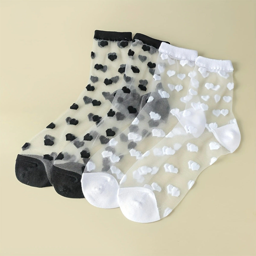 Spun Glass Crystal Tube Socks Women's Summer Thin Black Polka Dot Breathable Mesh