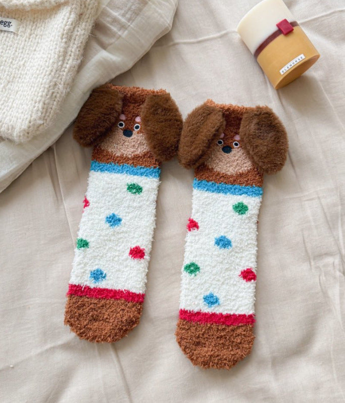 Cartoon Sausage Dog Coral Fleece Tube Socks Home Room Socks