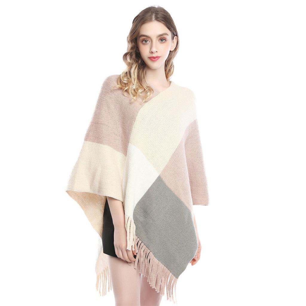 Fashion Women's Wear Color Contrast Patchwork Shawl Cape Knitted