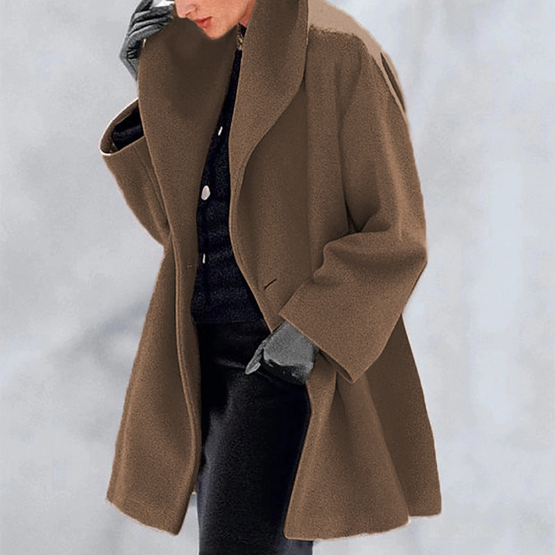 Plus Size Women's Solid Color Round Neck Button Coat - Oversized Hooded Wool-Like Long Coat For Fall&Winter