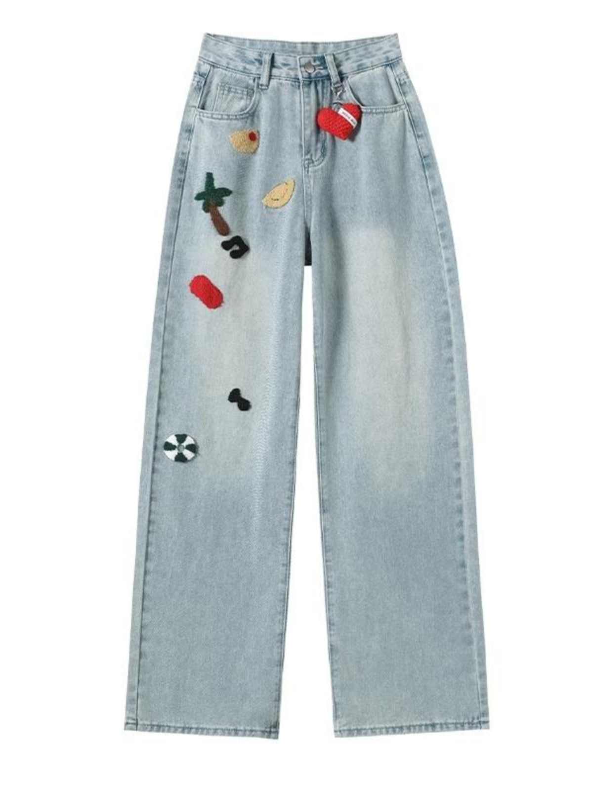 Embroidered Wide-leg Jeans Women's High Waist Straight Mopping Pants