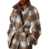 Women's Contrast Color Plaid Coat Waist-tied Coat