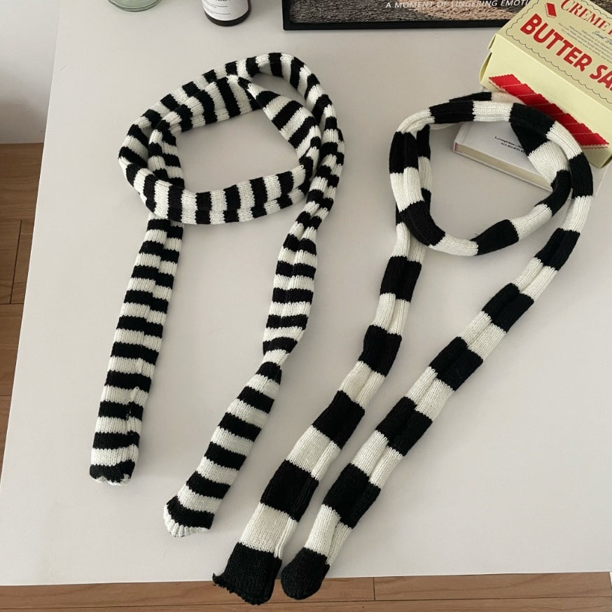 Black And White Striped Thickened Wool Decorative Thin Scarf