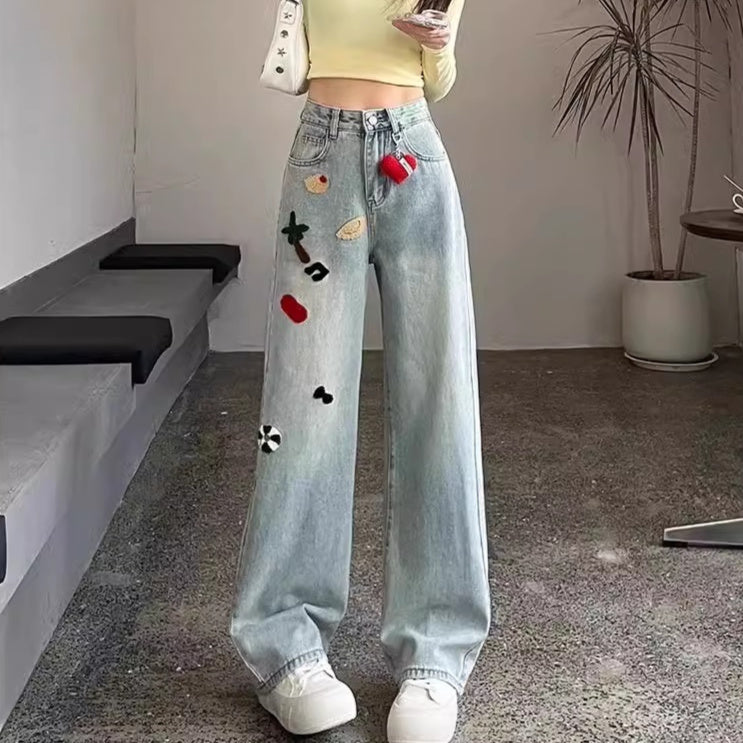 Embroidered Wide-leg Jeans Women's High Waist Straight Mopping Pants