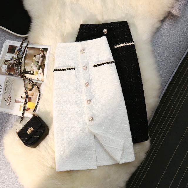 High Waist Slimming Breasted Pocket A- Line Slit Skirt