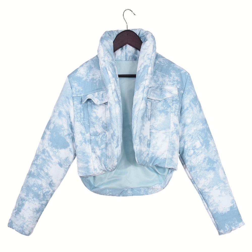 Quilted Scarf Stand Collar Pocket Long Sleeve Blooming Color Matching Short Cotton-padded Coat Coat For Women