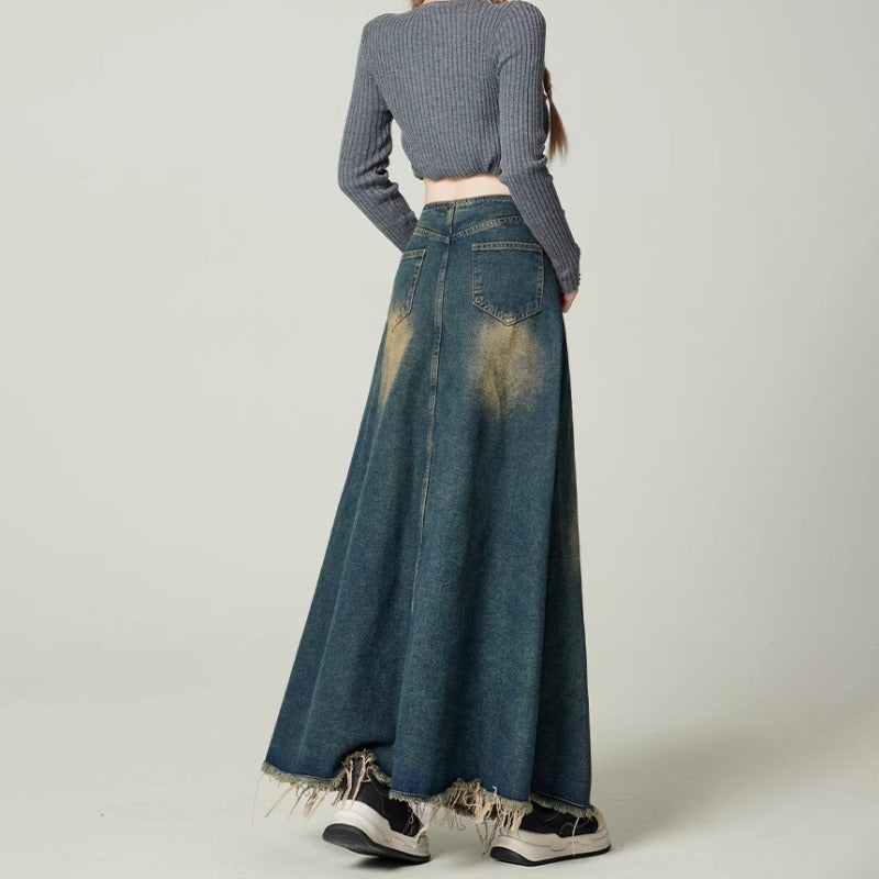 High-waisted Drapey Slimming Vintage Distressed Loose-fit Denim Skirt