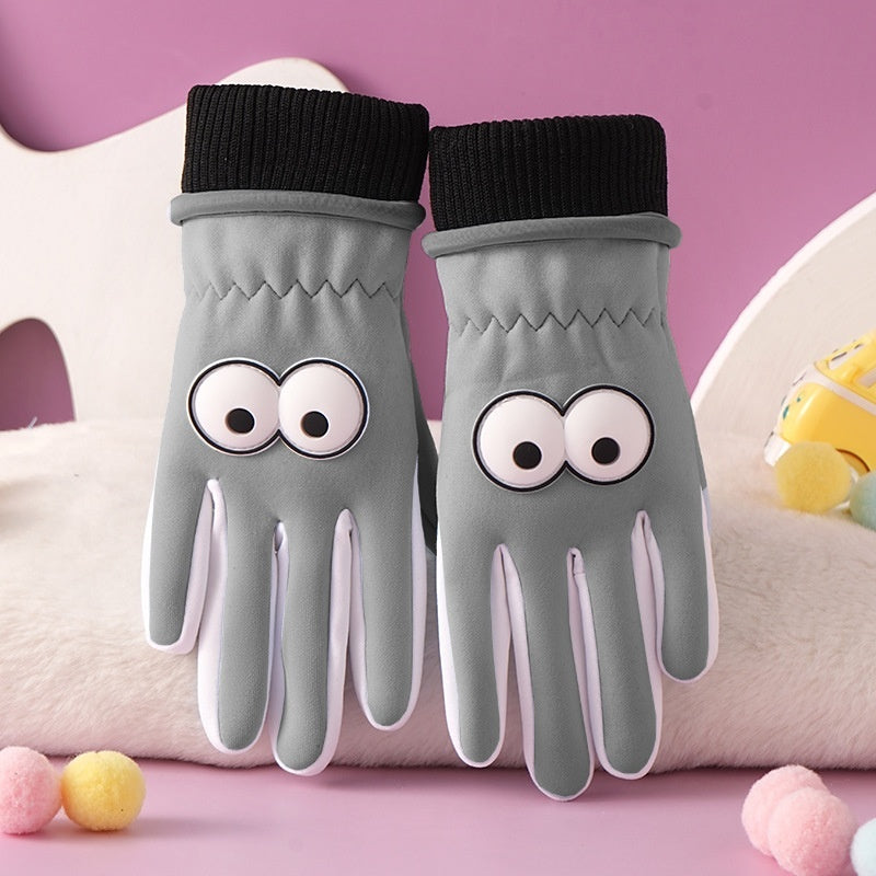 Children's Gloves Autumn And Winter Outdoor Cold-proof Warm With Velvet Anti-slip Cycling Cartoon Cute Windproof