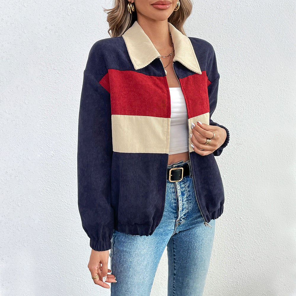 Color Contrast Patchwork Jacket Loose Casual Long Sleeves Ins Coat