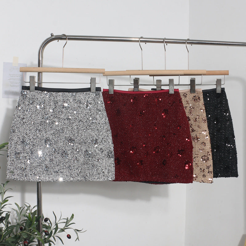 Sequined Red Skirt High Waist Slimming A- Line Sheath