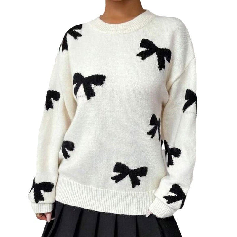 Autumn And Winter Round Neck Bow Jacquard Pullover Sweater