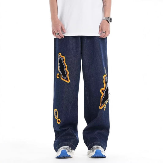 Retro Washed Ripped Embroidery Niche Design Loose Trousers