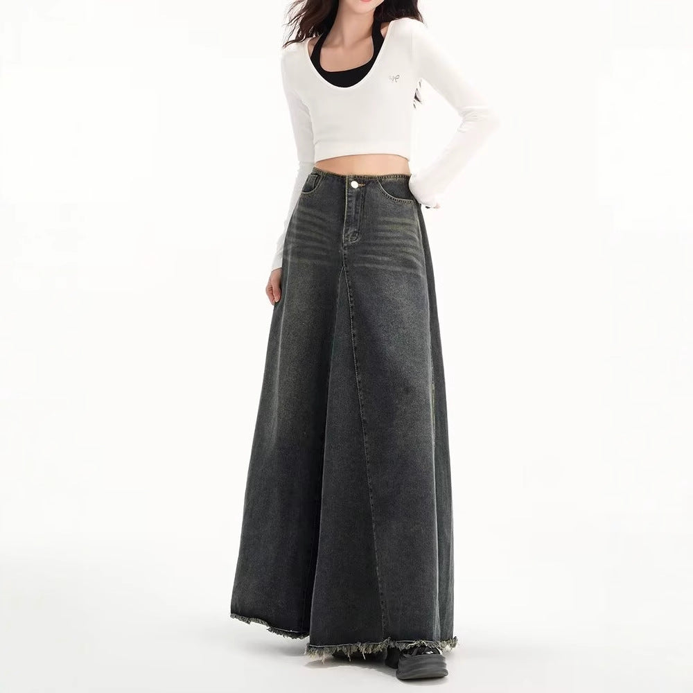 High-waisted Figure-flattering A-line Flared Retro Denim Skirt That Hugs The Hips