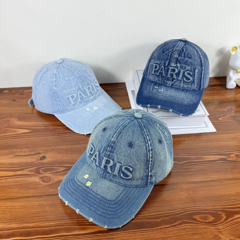 Washed Denim With Hole Baseball Cap Sun-poof Peaked Cap