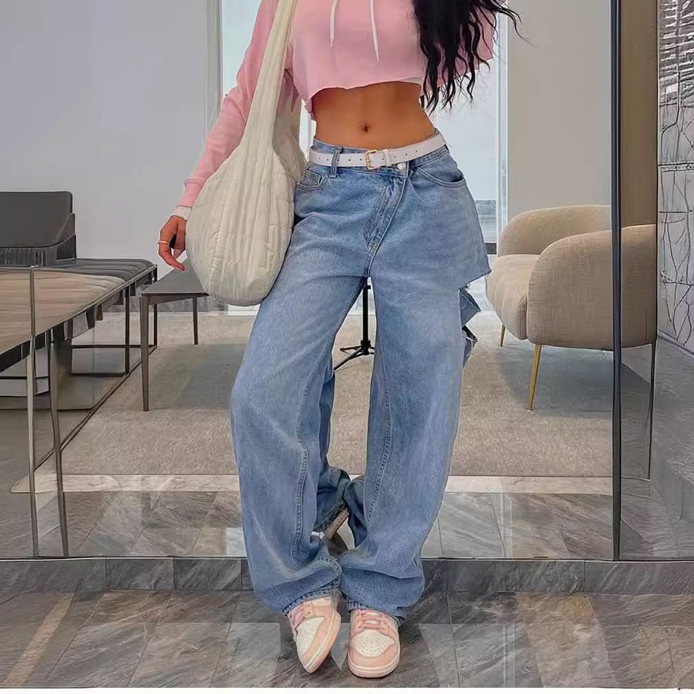 Fashionable Oblique Waist Low Waist Loose Hole Jeans For Women - Eshtree