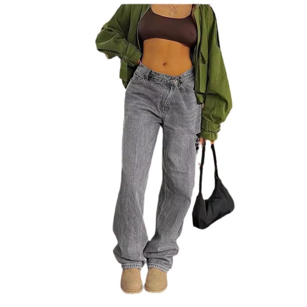 Fashionable Oblique Waist Low Waist Loose Hole Jeans For Women - Eshtree