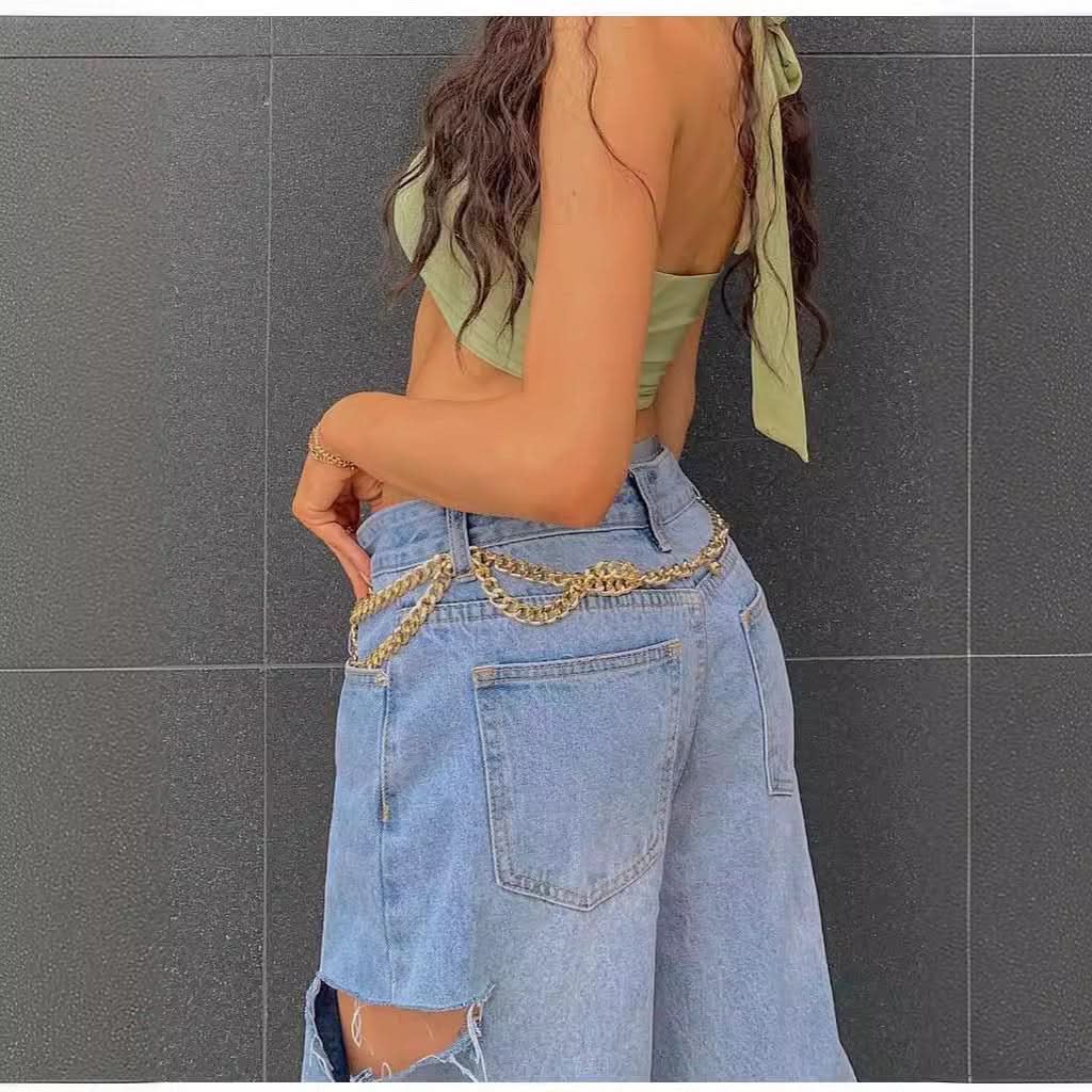 Fashionable Oblique Waist Low Waist Loose Hole Jeans For Women - Eshtree