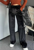 Black Shiny Velvet Drawstring High Waist Straight Leg Casual Pants