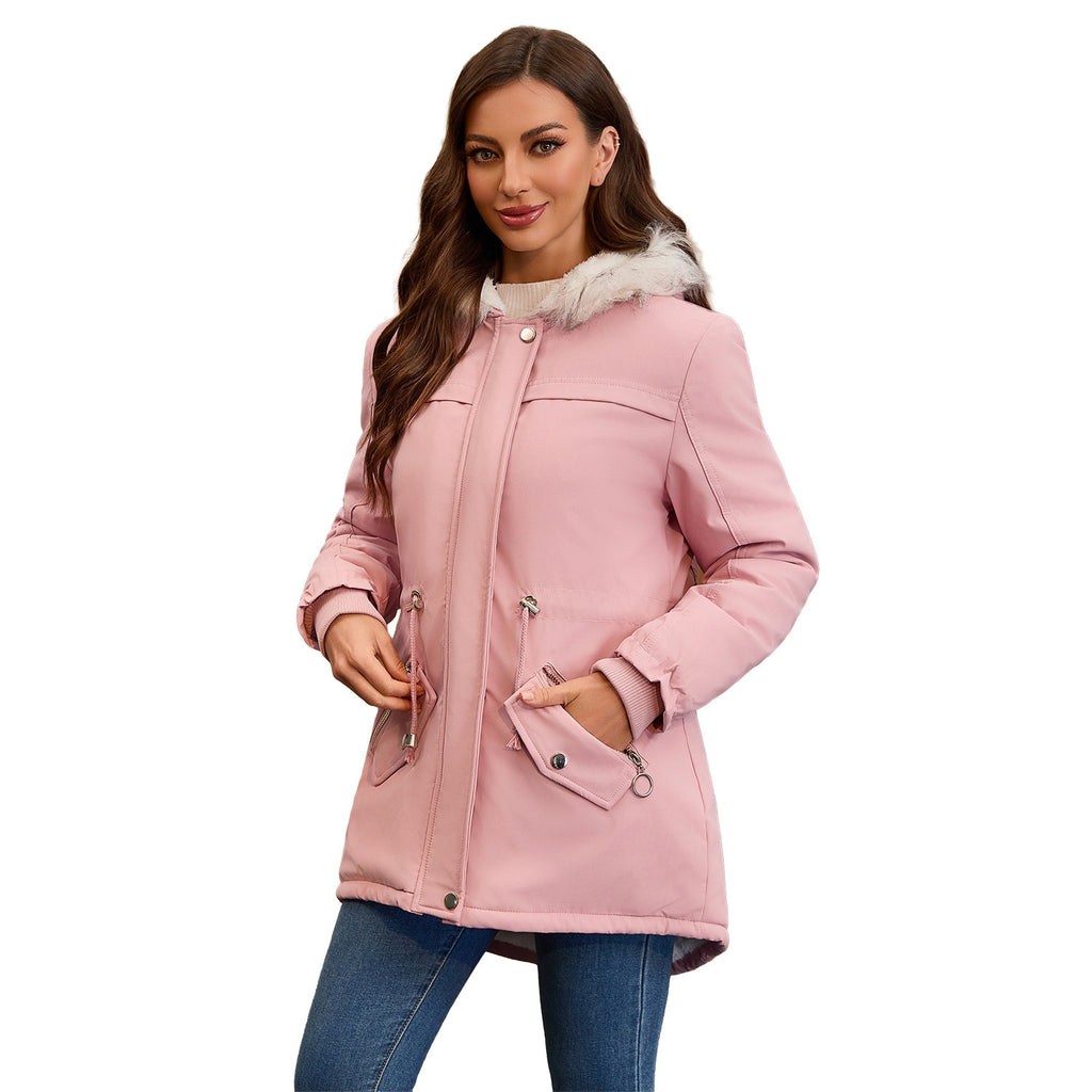 Ladies Hooded With Fur Collar Fleece Padded Coat