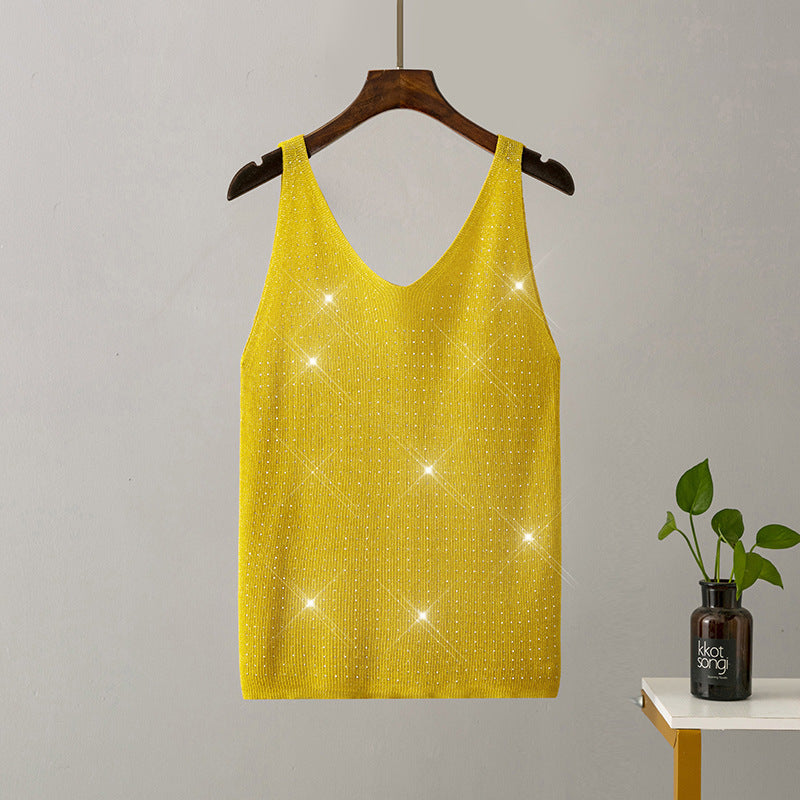 Ice Silk Knitted Bright Thread Diamond-encrusted V-neck Camisole