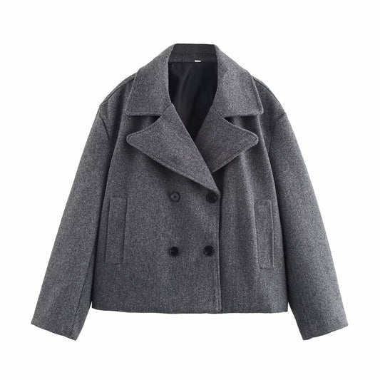 Gray Suit Woolen Jacket Women's Loose Double-breasted Short Coat