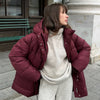 Wine Red Hooded Cotton Jacket Lace-up Waist Zipper Bread Thermal Cotton-padded Coat