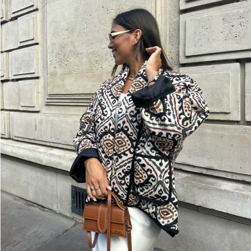 Fashion Printed Fake Two Pieces Contrast Color Small Stand Collar Cotton-padded Coat