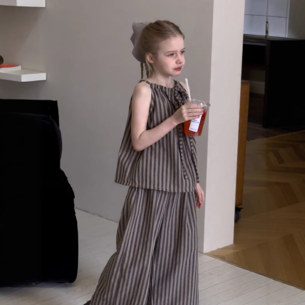 New Girls' Korean-style Striped Vest Straight-leg Pants Two-piece Set