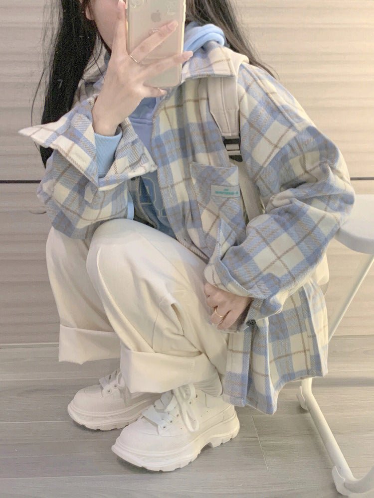 Female College Style Lazy Brushed Plaid Shirt - Eshtree