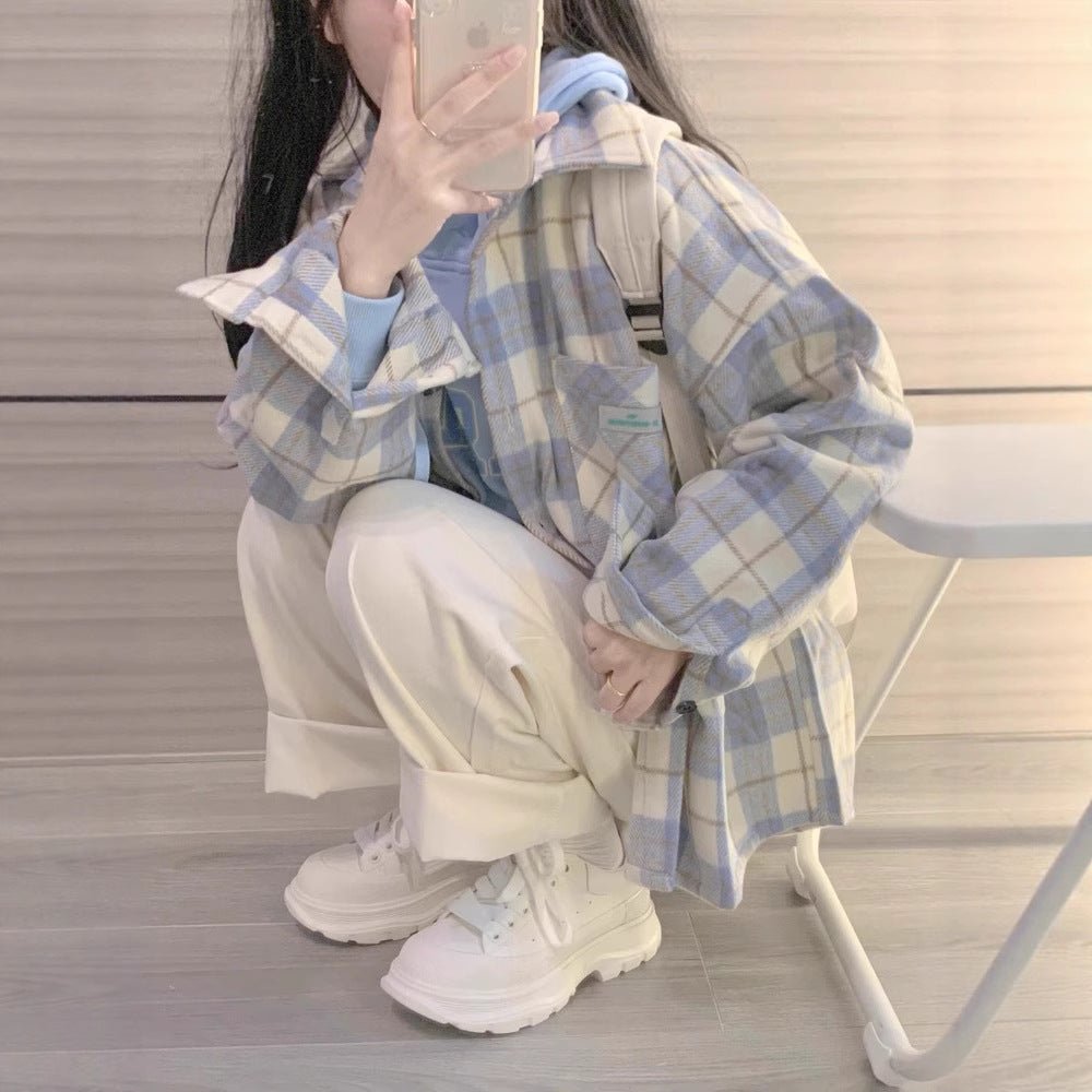 Female College Style Lazy Brushed Plaid Shirt - Eshtree