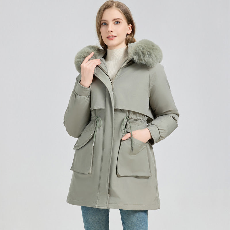 Women's Winter Fur-Lined Hooded Parka Coat Mid Length Down